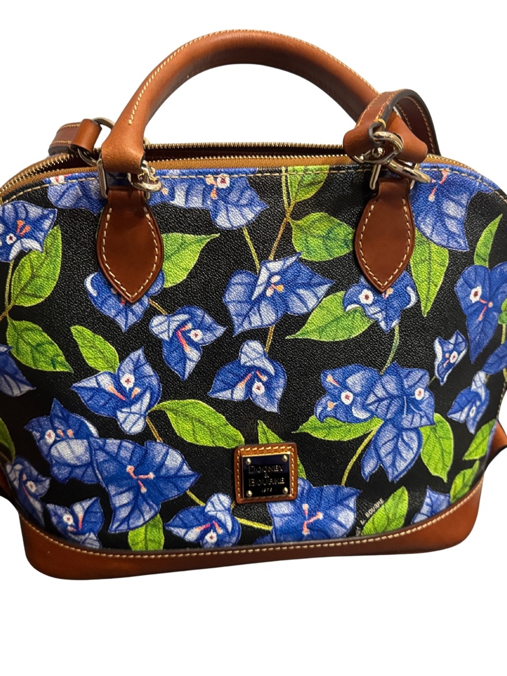 Dooney & Bourke Black Floral Satchel with Brown Leather Trim
